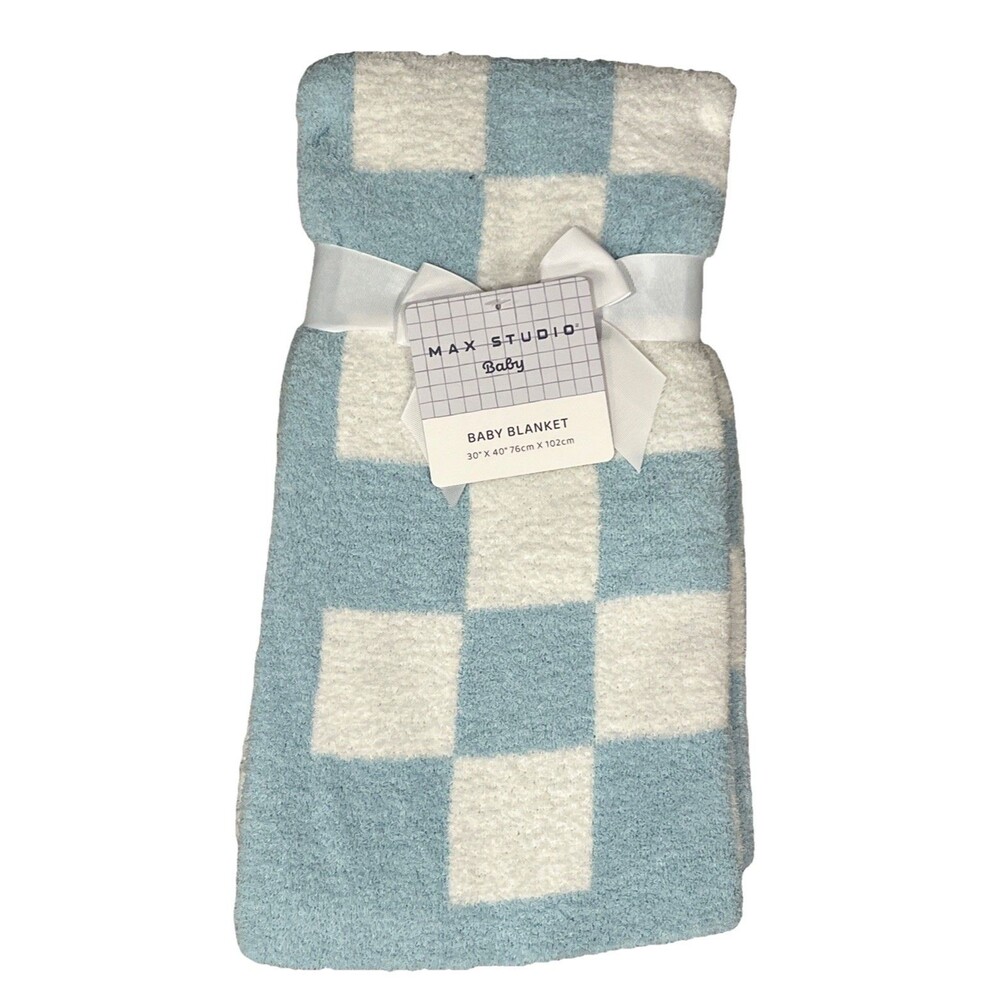 Max Studio Plush Baby Blanket Blue Squares Checker Theme Baby Gift New